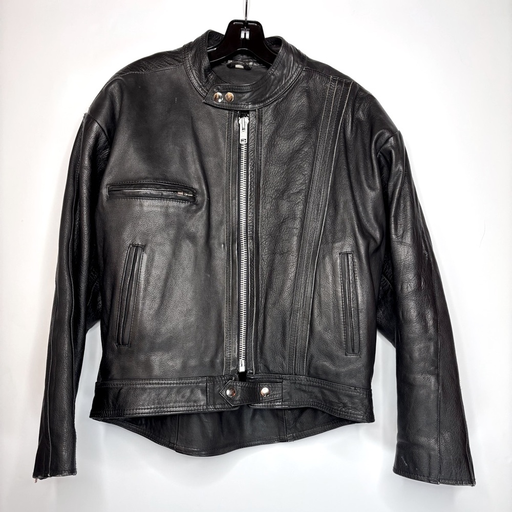 Vintage Black Leather Motorcycle Snap Collar Quilted Lining Racing Jacket